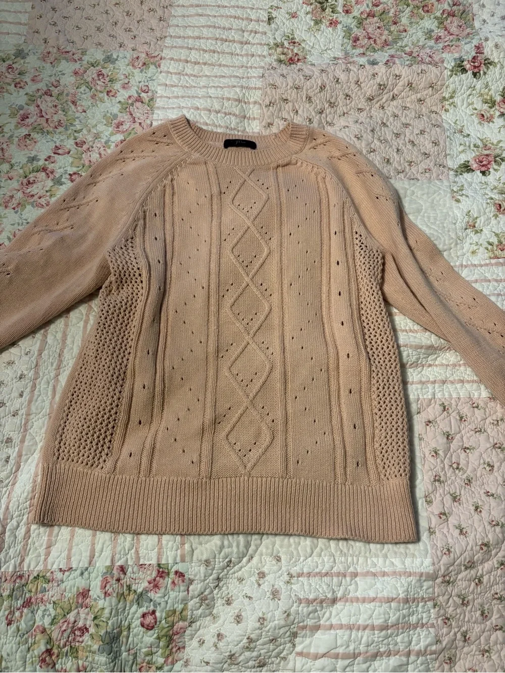 J. Crew Blush Pink Cable & Eyelet Knit Sweater